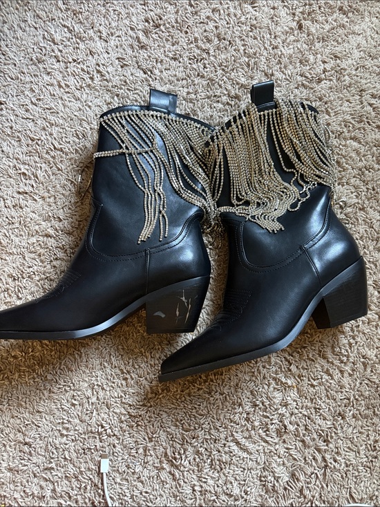 Azalea Wang Shoes - Black Ankle Booties with Gold Chain Fringe